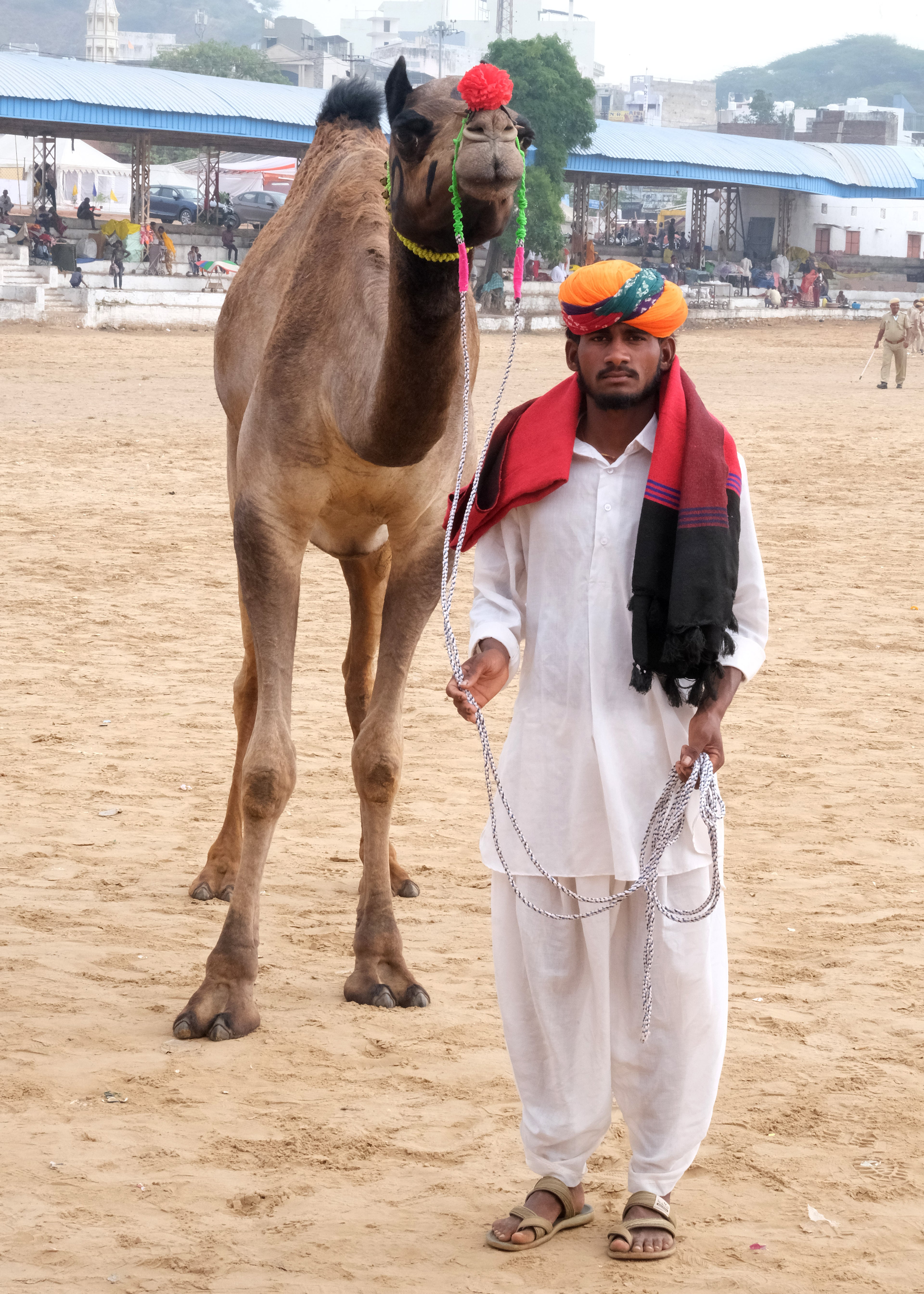 Local village boy stands with Camel
